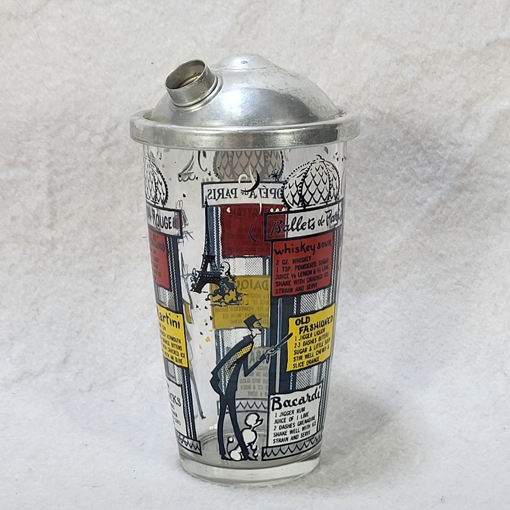 Vintage 1950s Paris Cocktail Shaker Recipe Glass Eiffel Tower MCM Barware Lid